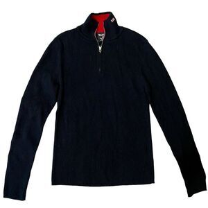 RALPH LAUREN Polo Jeans Co Sweater Women XL Blue Ribbed Quarter Zip Vint…